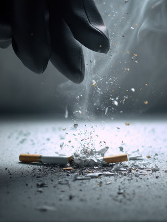 A gloved hand forcefully crushes a cigarette on a surface, sending debris and smoke into the air, captured in slow motion with dramatic lighting effects.の素材