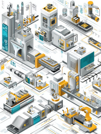 An isometric factory layout shows advanced robots and modern equipment working together in a digital environment.の素材