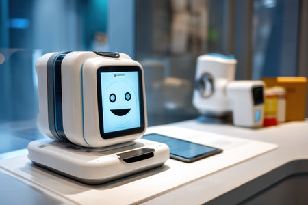 A friendly floating robotic assistant with a cheerful face and a hovering screen is displayed in a contemporary setting, showcasing advanced technology.の素材