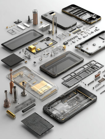 A detailed exploded view showcases the various components of a modular smartphone concept, highlighting the intricate assembly and design elements involved.の素材