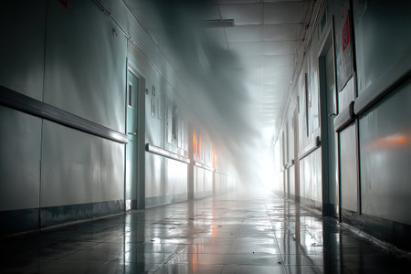 A long hospital corridor fades into a swirling smoke trail at the far end, creating an eerie atmosphere and an uncertain destination to explore.の素材