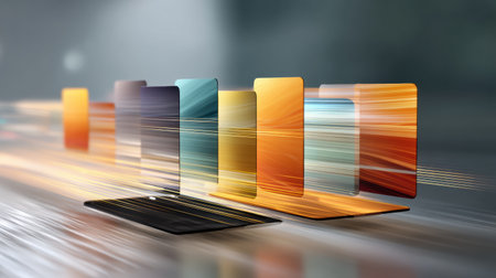 Floating UI cards elegantly transition over a smartphone, creating a vibrant display. The motion blur adds depth and excitement to the digital interaction.の素材