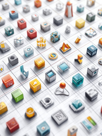 Numerous isometric icons and digital symbols are meticulously organized on a clean grid background, ideal for enhancing user interfaces in design projects.の素材