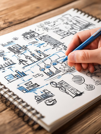 A hand with a blue pen sketches various elements of a startup business plan in a spiral notebook, showcasing creativity and planning on wooden table.の素材