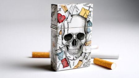 Cigarette pack designed in skull shape illustrates the risks of smoking with broken health icons alongside discarded cigarettes.の素材