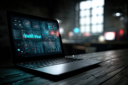 Glowing dashboard UI on an open laptop highlights data insights in a dark workspace, creating a modern and tech-focused environment at night.の素材