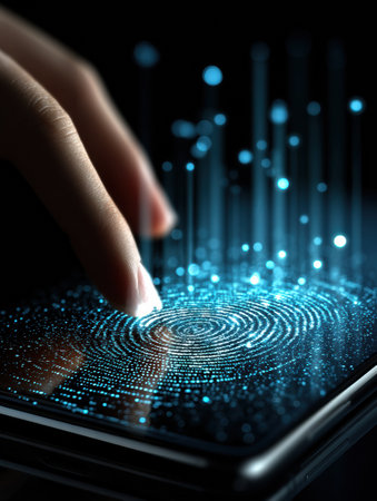 A hand hovers over a smartphone, activating a glowing biometric scanner that creates a captivating digital pattern in a dim environment.の素材