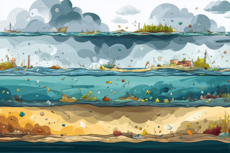 Graphic representation of floating garbage islands in the ocean highlights pollution issues, showing debris distribution across various ocean layers.の素材
