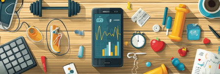 Smartphone shows workout tracker app while surrounded by weights, smoothie, water bottle, and fitness gear in a motivating exercise environmentの素材