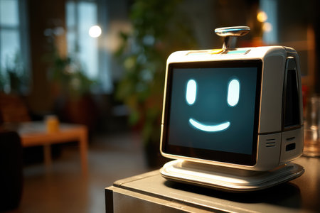 A futuristic floating robot with a friendly face enhances user experience in a sleek indoor setting.の素材