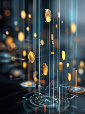 Crypto coins hover in a futuristic digital space, surrounded by glowing graphs representing market trends and financial data analysis.の素材