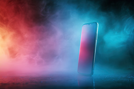 Smartphone appears to levitate in a vibrant fog of colors, blending shades of pink, blue, and purple to form an ethereal and dreamlike atmosphereの素材