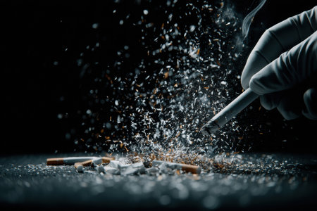 A gloved hand crushes a cigarette, creating a slow motion splash of debris and particles, illustrating the impact of tobacco destruction in vibrant detail.の素材