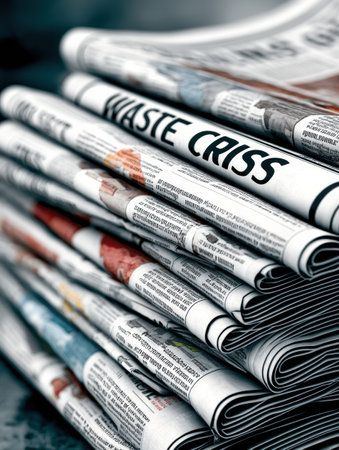 Stacked newspapers prominently feature a headline discussing the ongoing waste crisis and its impact on local neighborhoods and the environmentの素材