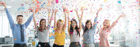 Group of colleagues joyfully celebrates achievement in a bright office filled with confetti, raising hands and smiling together in the afternoon light.の素材