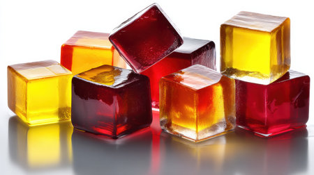 Bright jelly cubes in various colors glow with translucence, arranged artistically on a smooth white surface, creating an inviting and vibrant visual treat.の素材
