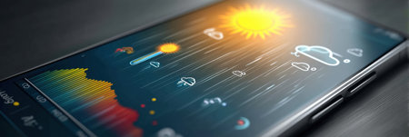 A smartphone screen showcases a bright and vibrant weather app interface featuring a sunny forecast with a holographic design and colorful visual elements.の素材