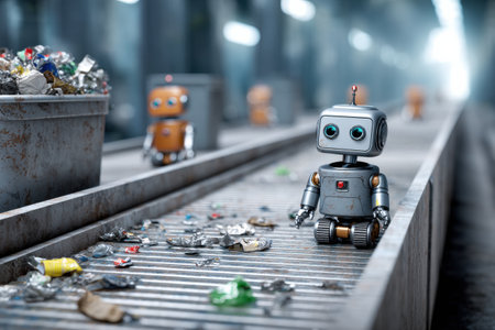 Robot technology actively sorts trash on conveyor belt, improving recycling processes in modern facility while streamlining waste management efforts.の素材