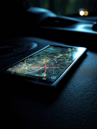 A smartphone rests on a dashboard, brightly illuminating a map and GPS route as a driver navigates through dark surroundings at night.の素材
