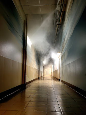 A deserted hospital corridor fades into a wispy smoke trail, creating an eerie atmosphere as the light illuminates the empty space.の素材