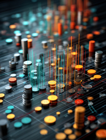 Holographic financial charts showcases 3D tokens and floating numbers, highlighting market trends and insights in a dynamic display.の素材