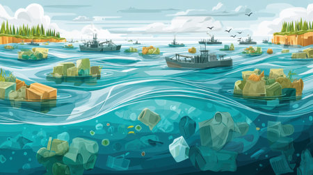 The image shows floating garbage islands in the ocean, highlighting the serious issue of marine pollution and its impact on ecosystems.の素材