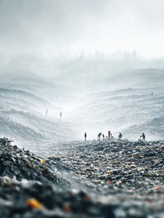 Workers are seen cleaning a vast landfill that stretches towards the horizon, shrouded in fog, emphasizing environmental challenges and human effort.の素材