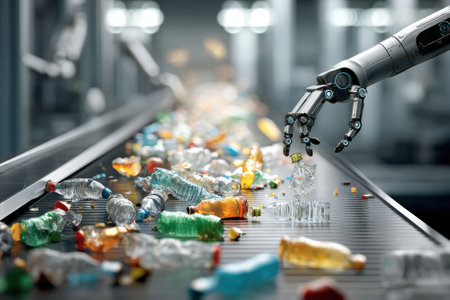 Advanced robotic arm sorts various types of plastic and glass waste on a conveyor belt in a high-tech recycling facility, enhancing waste management efficiency.の素材