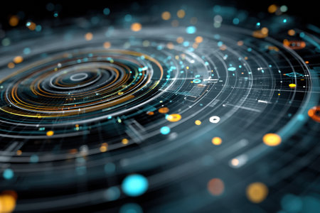 Holographic display presents a circular interface featuring vibrant data points and artificial intelligence metrics, reflecting a high-tech environmentの素材