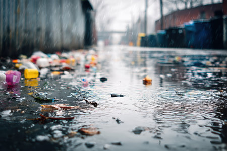 Close-up view of overflowing trash scattered on wet pavement during rain, exposing urban pollution and neglect in a city alley environment.の素材