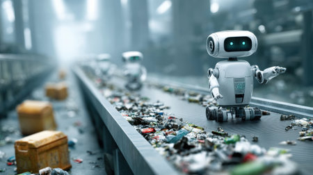 Robotic systems are sorting trash on a conveyor at a high-tech recycling facility, improving waste processing efficiency.の素材