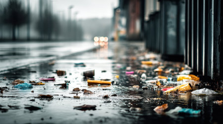 Wet pavement covered in overflowing trash and debris reflects the gloomy urban landscape. Rain creates puddles, enhancing the overall neglected appearance.の素材