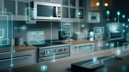 Modern kitchen shows home automation user interface overlay connecting various appliances for streamlined operation and management in a smart home environmentの素材