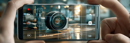 Subject framed on smartphone screen with clear camera settings displayed, showcasing creativity in photography in a bright, lively space during daytime.の素材