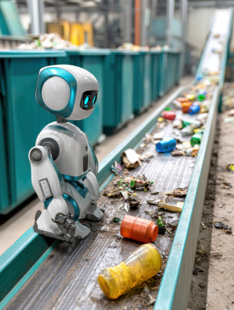 Advanced robots are sorting trash on a conveyor belt in a high-tech recycling plant, highlighting innovation in waste management.の素材