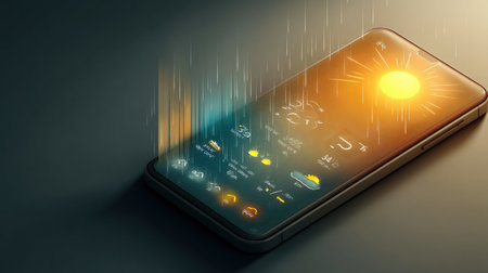 A smartphone is showing a vibrant weather application with a sunny holographic interface, providing weather details and forecasts for today and upcoming days.の素材