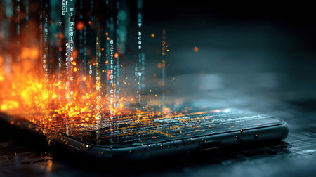 A smartphone screen appears to melt into flowing code, illustrating the merging of technology and digital realms in a dark, abstract setting.の素材