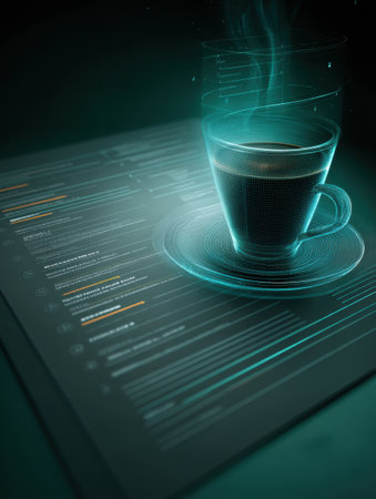 A hologram menu displays options above a steaming coffee cup in a contemporary cafe, creating an engaging dining experience for customers.の素材