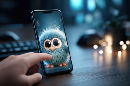 User engages with an animated creature on a smartphone app while sitting at a stylish wooden desk illuminated by soft lighting during the evening.の素材