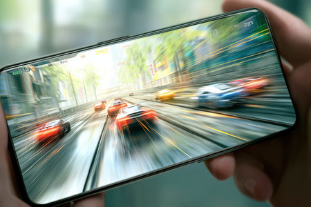 A gaming smartphone showcases a high-speed racing game interface featuring cars speeding through a vibrant urban landscape with dynamic motion trails.の素材