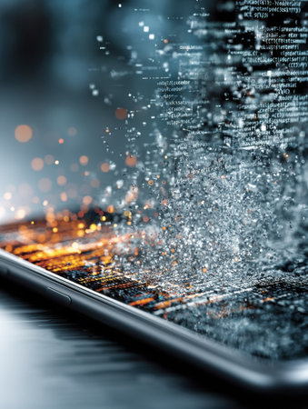 A smartphone display seems to melt into streams of code, symbolizing the seamless connection between technology and the digital world in todays society.の素材