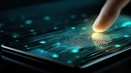 A hand hovers over a smartphone displaying a vibrant biometric fingerprint scanner, showing modern technology and digital interaction.の素材