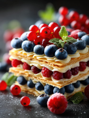 A mille-feuille slice features delicious creamy layers, adorned with vibrant berries, creating an enticing dessert perfect for any occasion.の素材