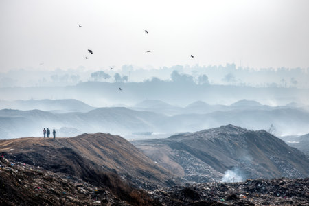 Workers are seen actively cleaning amidst a vast landfill that stretches to the horizon on a foggy morning, highlighting the environmental challenge.の素材