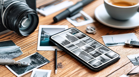 Smartphone showcases an advanced photo editing UI surrounded by printed images, a camera, and coffee, capturing a creative workspace atmosphere.の素材