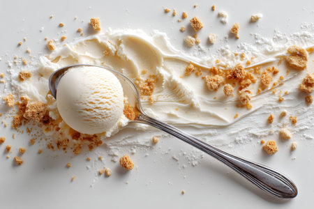 Melting ice cream rests on a flat white surface, accompanied by a spoon and scattered crumbs from cookies, creating a tempting dessert scene.の素材