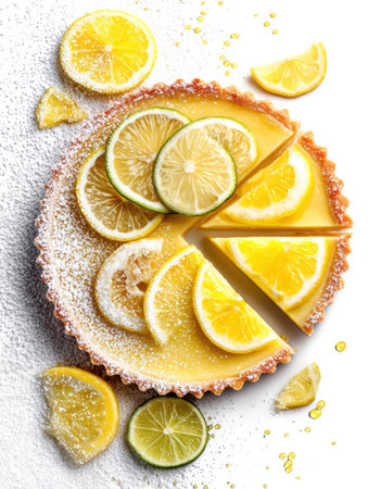 Lemon tart is beautifully presented with powdered sugar topping and vibrant citrus slices, showcasing a striking dessert ideal for any occasion.の素材