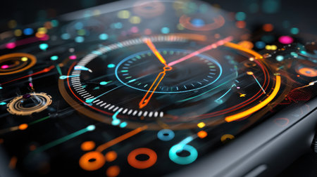 A detailed view of a futuristic smartwatch interface showcases vibrant motion UI elements, emphasizing innovation and advanced technology in personal devices.の素材