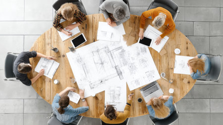 Group of professionals gathers around a circular table to discuss ideas, utilizing papers and electronic devices in a contemporary workspace environment.の素材