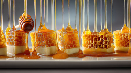 Sweet honeycomb pieces are beautifully arranged, showcasing their rich flavor as honey drips generously, creating an eye-catching dessert display.の素材